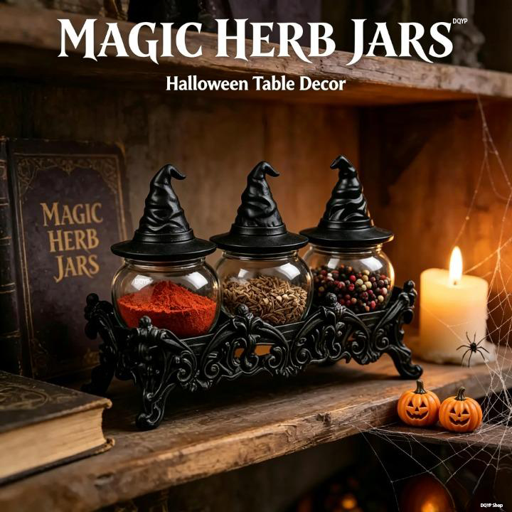 Witch Hat Spice Jar Set (3-Piece) – Gothic Glass Spice Containers with Display Stand, Lidded Kitchen Canisters for Salt, Pepper, Herbs & Seasonings, Halloween Kitchen Decor and Unique Gift