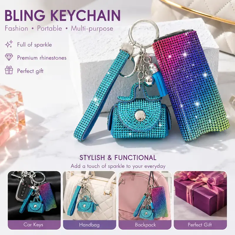 Rhinestone Keychain with LED Flashlight, Sparkly Portable Key Ring Accessory, Compact Everyday Carry Gadget, Cute Bag Charm for Purse, Backpack, Keys, Fashion Accessories and Gift Ideas