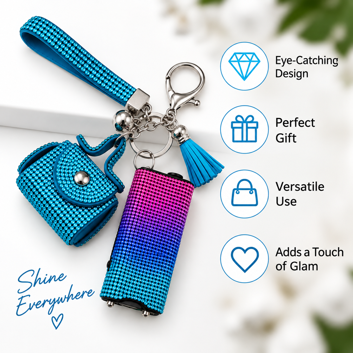 Rhinestone Keychain with LED Flashlight, Sparkly Portable Key Ring Accessory, Compact Everyday Carry Gadget, Cute Bag Charm for Purse, Backpack, Keys, Fashion Accessories and Gift Ideas