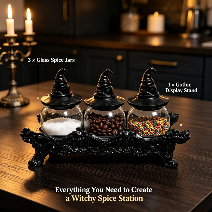 Witch Hat Spice Jar Set (3-Piece) – Gothic Glass Spice Containers with Display Stand, Lidded Kitchen Canisters for Salt, Pepper, Herbs & Seasonings, Halloween Kitchen Decor and Unique Gift