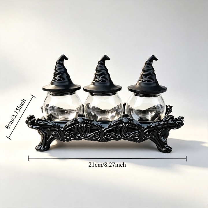 Witch Hat Spice Jar Set (3-Piece) – Gothic Glass Spice Containers with Display Stand, Lidded Kitchen Canisters for Salt, Pepper, Herbs & Seasonings, Halloween Kitchen Decor and Unique Gift