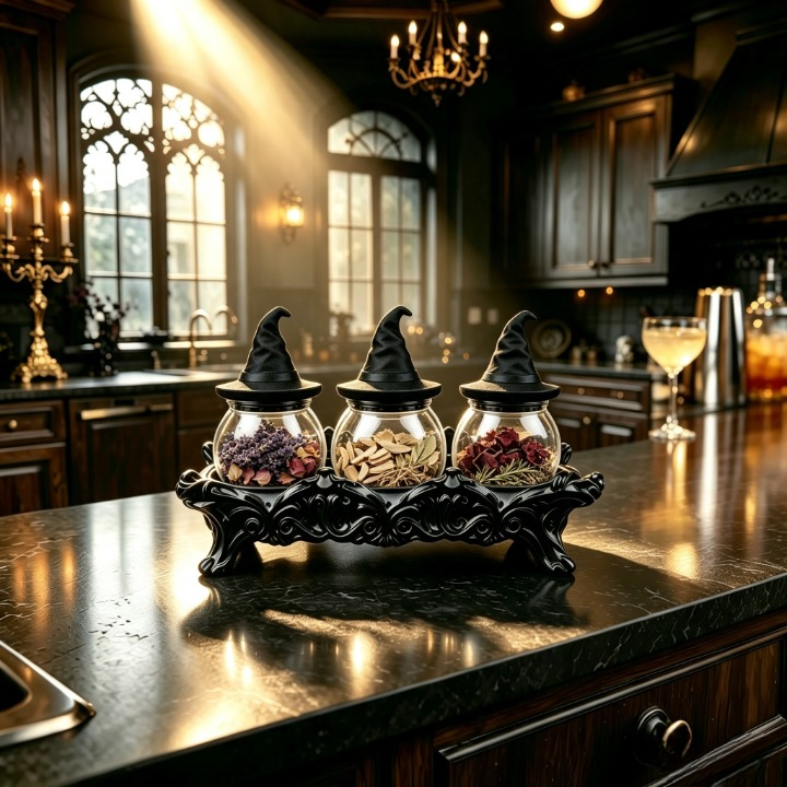 Witch Hat Spice Jar Set (3-Piece) – Gothic Glass Spice Containers with Display Stand, Lidded Kitchen Canisters for Salt, Pepper, Herbs & Seasonings, Halloween Kitchen Decor and Unique Gift