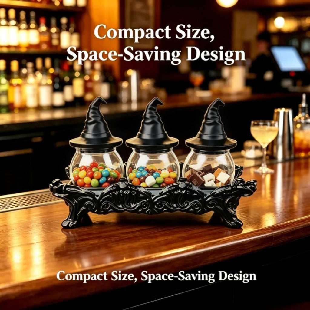 Witch Hat Spice Jar Set (3-Piece) – Gothic Glass Spice Containers with Display Stand, Lidded Kitchen Canisters for Salt, Pepper, Herbs & Seasonings, Halloween Kitchen Decor and Unique Gift