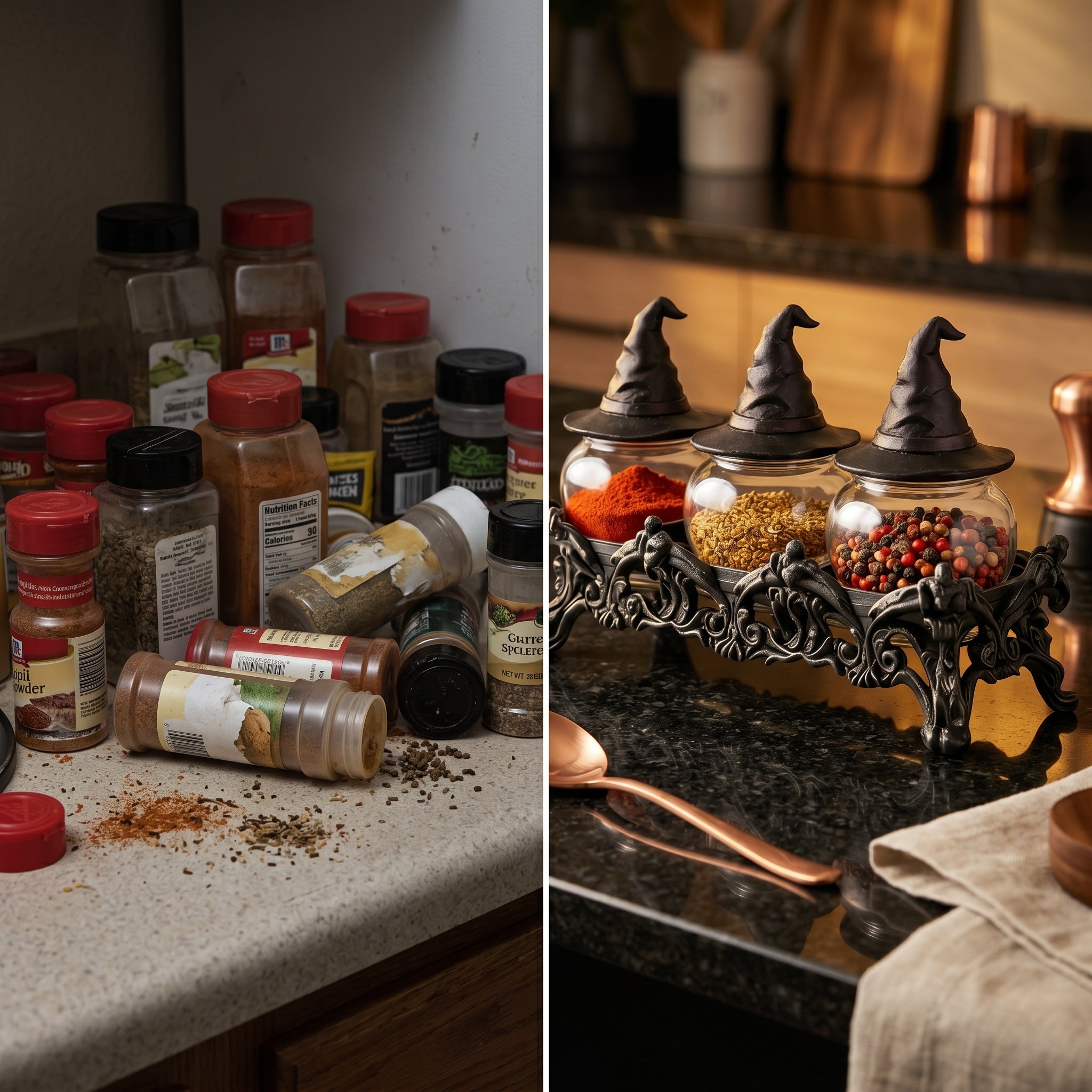 Witch Hat Spice Jar Set (3-Piece) – Gothic Glass Spice Containers with Display Stand, Lidded Kitchen Canisters for Salt, Pepper, Herbs & Seasonings, Halloween Kitchen Decor and Unique Gift