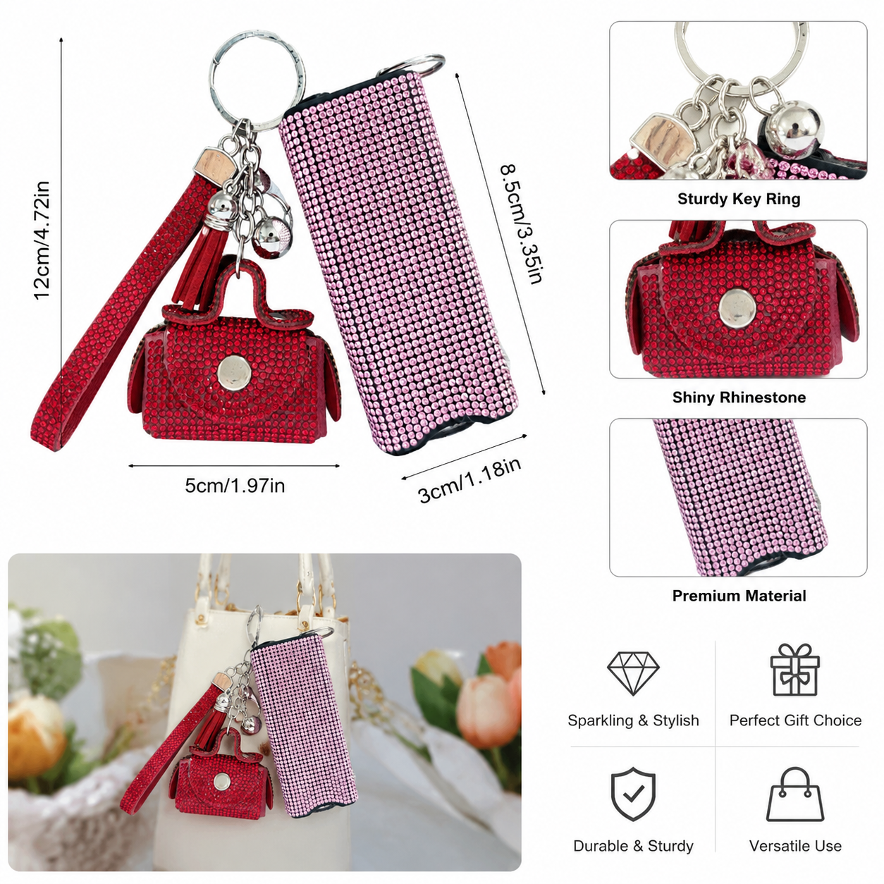 Rhinestone Keychain with LED Flashlight, Sparkly Portable Key Ring Accessory, Compact Everyday Carry Gadget, Cute Bag Charm for Purse, Backpack, Keys, Fashion Accessories and Gift Ideas