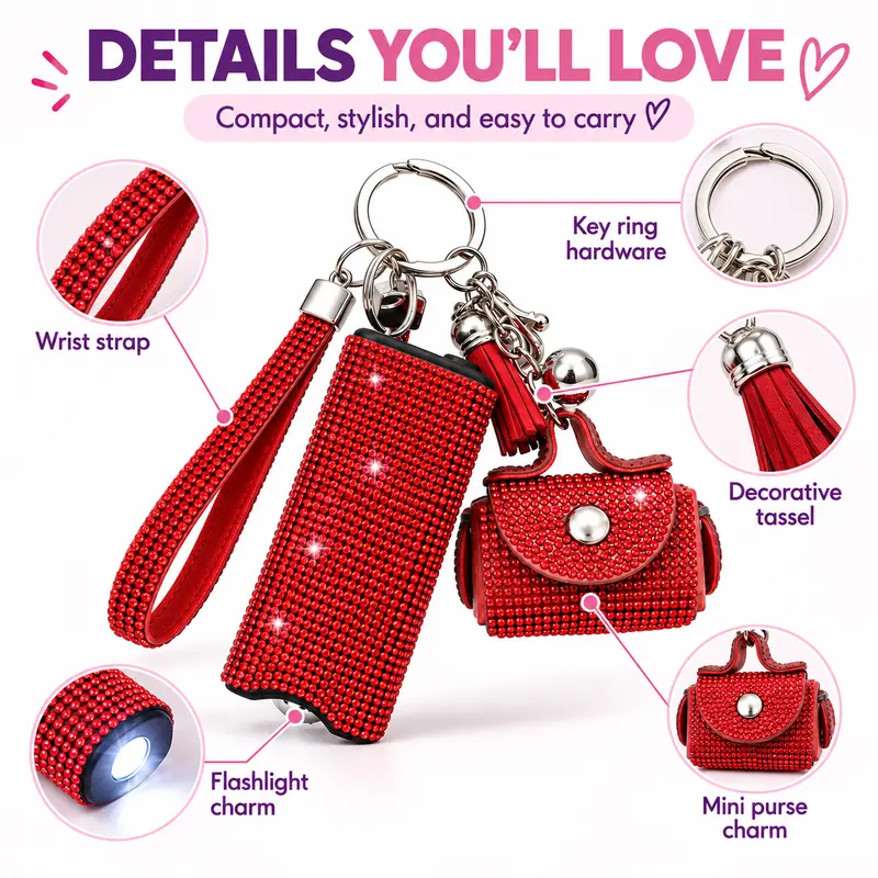 Rhinestone Keychain with LED Flashlight, Sparkly Portable Key Ring Accessory, Compact Everyday Carry Gadget, Cute Bag Charm for Purse, Backpack, Keys, Fashion Accessories and Gift Ideas